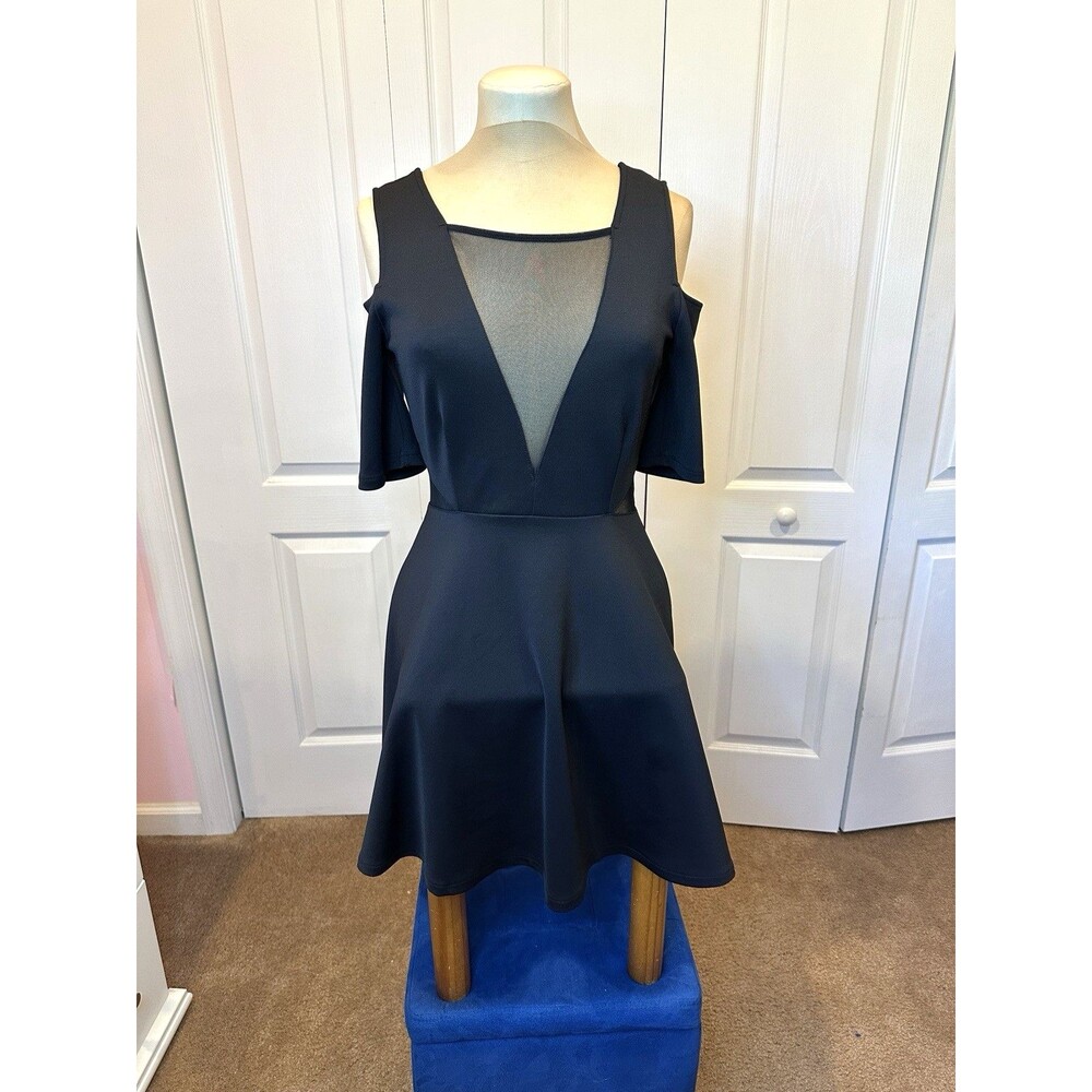 Mustard Seed Black Cold Shoulder Plunge Fit and Flare Dress Style AH7430 Sz M